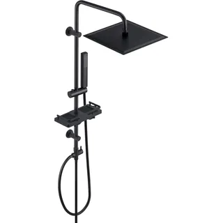 Görbach Regendusche Duschsystem mit Ablage, Edelstahl Duschset ohne Armatur mit Duschkopf, Duschstange, Duschschlauch, XXL Kopfbrause Schwarz (30x30cm)