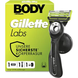 GilletteLabs Body & Intimate Rasierer Herren, Intimrasierer Mann mit Schutz Vor Eingewachsenen Haaren und Reizungen — Inkl. 1 Rasierhandstück für Körper und Intimbereich, Duschhalterung und 1 Klingen