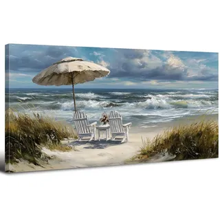 Abstrakt Coastal Leinwandbild Deko Blau Ozean Landschaft Wandbild Vintage Meereslandschaft Poster Leinwanddrucke Strandbilder Ästhetisch Kunstwerke für Wohnzimmer, Schlafzimmer und Wanddeko 50x100 cm