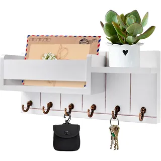 Orixo Schlüsselbrett mit Holztablett, Schlüsselablage Wand mit 6 Haken, Schlüsselhalter Wand, Schlüsselhaken mit Ablage, Schlüsselaufhänger, für Eingang, Flur, Wohnzimmer, Schlafzimmer, Büro, Weiß