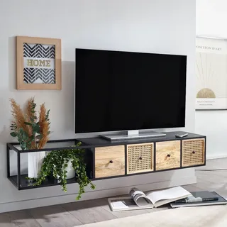 FineBuy Massive TV-Board Kommode 150cm hängend Mango Massivholz Wiener Geflecht Rattan TV Lowboard