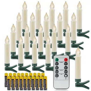 Rhytsing 20er Christbaumkerzen Led Kabellos mit Fernbedienung, Lichterkette für Weihnachtsbaum mit Timer Dimmbar in Warmweiß, IP44 Spritzwassergeschützt, Langlebige Batterien enthalten