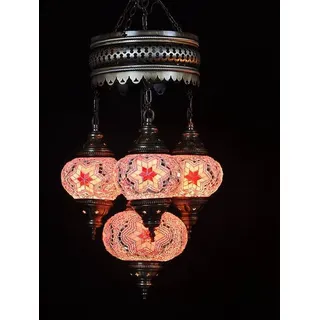 4-globige türkische Hängelampe aus rosa Mosaikglas - orientalische Kronleuchter mit 4 Mosaikglaskugeln - Rosa