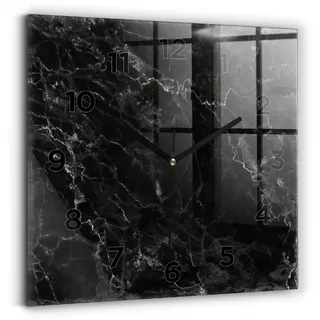 Wallfluent Wanduhr – Stilles Quarzuhrwerk - Uhr Dekoration Wohnzimmer Schlafzimmer Küche - Zifferblatt - schwarze Zeiger - 30x30 cm - Dunkler Marmor - Schwarz