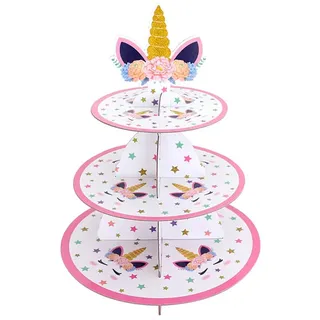 Einhorn Cupcake Ständer, 3-Stöckiger Tortenständer Muffin Ständer aus Karton, Einhorn Deko Party für Mädchen und Kinder