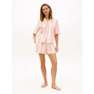 Shorty, Damen, Gr. M (38), rosa (tennis court stripe peach), Web, Obermaterial: 88% Baumwolle, 12% Leinen, TOMMY HILFIGER UNDERWEAR, regular fit ca. Mitte Oberschenkel, Homewear-Sets Shorty, Pyjama-Set aus Leinenmix mit
