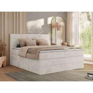 MKS MEBLE Boxspringbett 200x200 Beige Cord, Boxspringbett mit Matratze H3, Bett 200x200 mit Bettkasten and Kopfteil, Doppelbett mit Stauraum, Polsterbett 200x200 - Tiliano King - Beige