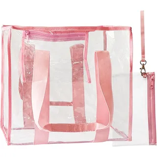 TotePrint Durchsichtige PVC-Strandtasche mit Handyfach 35x30x17.5cm Wasserdichte Transparente Beachbag für Sicherer Strandurlaub (1 Stück) (Pink + Handtasche)
