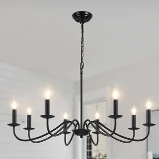 MRHYSWD Kronleuchter Schwarz, 8 Flammig Kronleuchter Vintage Hängeleuchte für Wohnzimmer Esszimmer Schlafzimmer Küche Flur, Industrielle Deckenbeleuchte mit E14 Fassung, Ohne Leuchtmittel