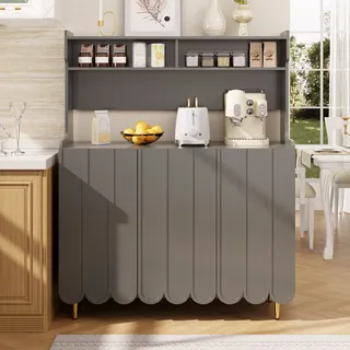Flieks Küche Hochschrank Küchenbuffet mit 3 Türen, Küchenschrank Buffet mit Arbeitsplatte, Buffetschrank Highboard mit offenen Staufächern, grau - Grau