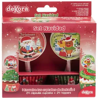 dekora - Dekoration Set zum Cupcakes Backen an Weihnachten mit 24 Cupcakeförmchen und 24 Cupcake Toppers aus Papier - Weihnachtsdeko für Cupcakes oder Muffins - Rot und Grün