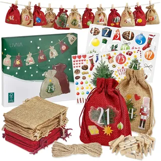 Adventskalender zum Befüllen 2024 : Jute Adventskalender zum Selbstbefüllen mit Beuteln, Stickern und Zahlen Aufkleber - Adventskalender zum Basteln - DIY Adventskalender Selber Befüllen LIVAIA