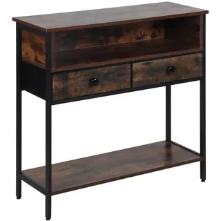 Relaxdays Konsolentisch, HBT: 80 x 80 x 30 cm, MDF, Metall, 2 Schubladen, schmale Konsole, Industrial, Flur, Dunkelbraun