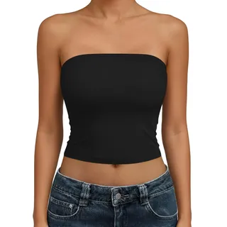 Trendy Queen Damen Schlauch-Top, trägerlos, bauchfrei, rückenfrei, ärmellos, Bandeau-Ausgehen, niedliches Sommer-Outfit 2024, Schwarz, X-Klein