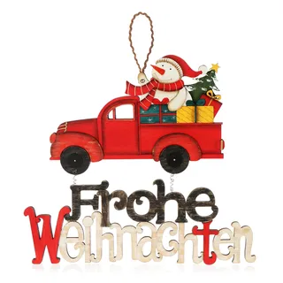 com-four® Hängedeko Weihnachten - Holz-Aufhänger mit Schneemann und Schriftzug - Türschild Frohe Weihnachten aus Holz - Hänger für Türen, Wände, Fenster (Schneemann mit Auto)
