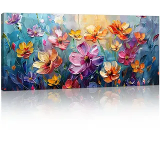 Mit Rahmen Großes Leinwandbilder Wandbilder, Bunte Weinlese Blumen Abstrakt bild auf leinwand Wandkunst Lila Rot Floral Kunstdruck Deko für Wohnzimmer Schlafzimmer fertig zum Aufhängen 120x50cm