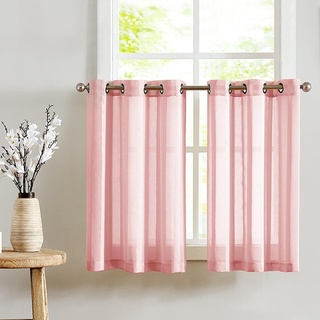 TOPICK Voile Scheibengardinen mit Ösen Transparent Bistrogardine Landhaus Streifen Küchenvorhang Gestreift Küchengardinen Paarig für Badezimmer Klein Fenster Dekor 90x115cm(BxH) Rosa 2er Set