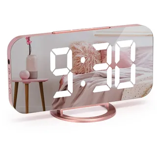 U-picks Wecker Digital, LED Digitale Uhr, 6.5" Tischuhr mit Snooze, Verstellbare Helligkeit, Spiegelwecker 0hne Ticken für Nachttisch, Schlafzimmer,Room Dekor und Büro-Roségold