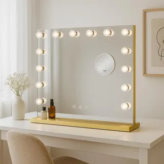 Bayt Hollywood Spiegel mit Beleuchtung - Schminkspiegel mit Beleuchtung - Kosmetikspiegel - Touch Screen - Tischspiegel - Dimmbar - 10x Vergrößerung - 58x46cm - Gold