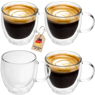 INTIRILIFE 4X Doppelwandige Thermo Gläser Set -100-150ml- Mundgeblasen isoliert für Espresso Cappuccino, Teegläser Kaffeegläser Latte Macchiato Tassen, Schwebeeffekt mit Henkel