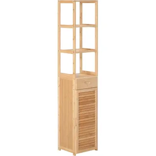 Badezimmerschrank, Badschrank aus Bambus, Badezimmermöbel mit Schublade, drei Ablagen, offenes Fach, für Badezimmer, 32 x 30 x 163 cm Naturholz