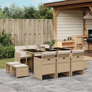 Stabli 11-tlg. Garten-Essgruppe mit Kissen Beige Poly Rattan Balkonmöbel Set Gartenlounge - Beige