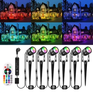 ECOWHO RGB Gartenbeleuchtung LED mit Fernbedienung und Timer,IP65 wasserdichte RGB gartenstrahler mit Strom,21M gartenleuchten mit Erdspieß für Außen Garten Rasen Bäume, Wege, Party und Teich(6 Stück)