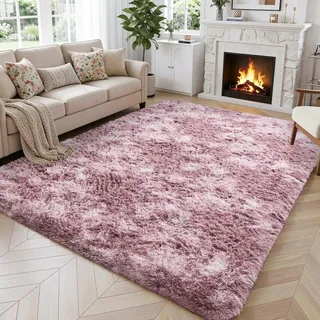 CHOSHOME Teppich Wohnzimmer Shaggy Teppiche Hochflor 150 x 240 cm Moderne Wohnkultur für Wohnzimmer Teppich Rosa Langflor Kinderzimmer Modern Batik Teppiche Jugendzimmer Flauschig, Groß