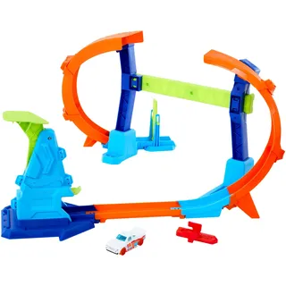 Hot Wheels Spielzeugauto-Trackset, Flip- und Jump-Action durch den Korkenzieher-Looping mit einem Spielzeugauto im Maßstab 1:64, Track-Schnellstecksystem & Adapter, Aufbewahrung zusammenklappen, JFH36