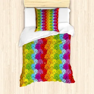 ABAKUHAUS Blumen Mantele, Regenbogen farbige Blumen, Milbensicher Allergiker geeignet mit Kissenbezügen, 135 cm x 200 cm - 80 x 80 cm, Mehrfarbig