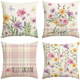 Artoid Mode Blumen Vase Blätter Frühling Kissenbezüge 4er Set, 40x40 cm Sommer Strifen Tupfen Sunshine Zierkissenbezug Couch Wohnzimmer Deko