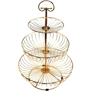 Azatemgo Metall Obstkorb mit Tragegriff für Küche Balkon - 3 Stöckig Groß Gemüse Etagere - Rostfreier Chromstahl & 360° Luftzirkulation (Gold,45cm Höhe, Ø30-24-16.5cm)