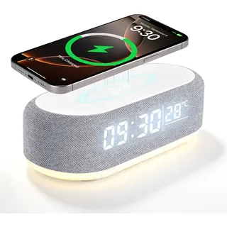 Lizoak 4 In1 Smart Wecker, Digitaler Tischwecker mit Licht und Ladestation, Radiowecker mit Ladefunktion & Temperaturanzeige, Helligkeit regelbar, ABS Tischuhr für Schlafzimmer Schreibtisch