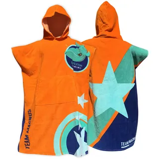 TEAM MAGNUS Badeponcho Kinder mit 6 coolen Designs (Einheitsgröße 120-170cm) - dunkelblau, orange, hellblau, pink in 360 GSM Baumwolle