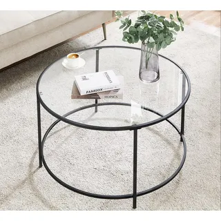 VASAGLE Couchtisch rund Schwarz Glas 84 x 45,5 cm