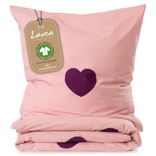 LAVEA Lavea® Emilia Bettwäsche Kinder Set, Kinderbettwäsche aus 100% Bio-Baumwolle, mit Herzmotiv, weiche Bezüge für Bettdecke und Kopfkissen, mit Reißverschluss, Rosa Bordeaux 100 x 135 cm und 40 x 60 cm