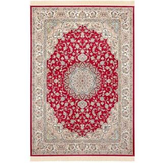 Nouristan Naveh Orient Wohnzimmerteppich Kurzflor mit Fransen Vintage Orientalischer Samt-Teppich für Esszimmer, Wohnzimmer, Schlafzimmer – Rot Grün, 95x140cm, Rayon, 95x140 cm