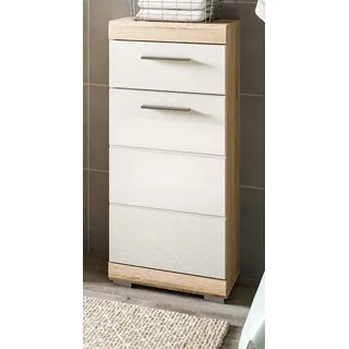 Badezimmer Kommode "Mambo" in weiß Hochglanz und Sonoma Eiche Badschrank 37 x 88 cm - Weiß, Naturbelassen