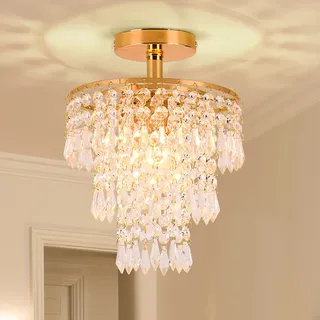 FRIXCHUR Mini Größe Kristall Kronleuchter Moderne Unterputz Deckenleuchte 3-Stufen Regentropfen Kristall Anhänger Beleuchtung Dekoration für Schlafzimmer Flur Wohnzimmer, E26 Basis, Gold