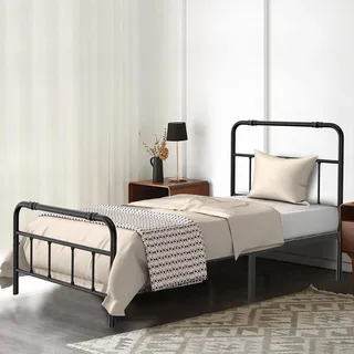 YUENFONG Bettrahmen 90x200 cm Metallbett Bettgestell aus Metall Gästebett Metallbett Jugendbett für Schlafzimmer Gästezimmer mit Kopfteil Doppelbett/Einzelbett, Schwarz - Schwarz