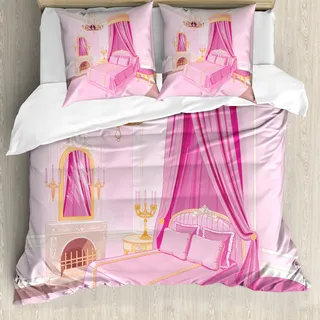 ABAKUHAUS Prinzessin Bettbezug, Princess Schlafzimmer Innen, Milbensicher Allergiker geeignet mit Kissenbezügen, 200 cm x 200 cm - 80 x 80 cm, rosa Gelb