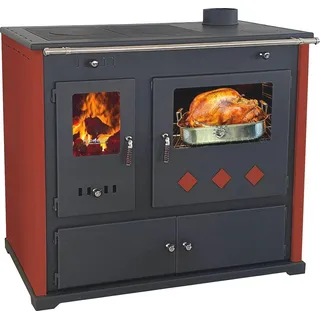 Kaminofen mit Backfach und Herdplatte Pracktik Lux Rot Holzofen 9,5 kW Kamin Ofen Dauerbrandofen Werkstattofen Schwedenofen Hüttenofen Heizofen - Rot