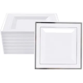 YAYODS 30er Set Plastikteller Eckig Weiß mit Silberrand - 16,5 cm Dessertteller Mehrweg & Stabil - Premium Kunststoff Kuchenteller für Hochzeit, Geburtstag & Catering