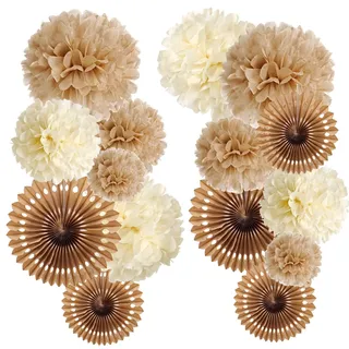 SUNBEAUTY 15 Stück Hochzeitsdeko Vintage Beige Pompons Deko Braun Papier Fächer Boho Party Deko für Wedding Decoration Geburtstag Tischdeko Baby Shower