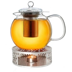 Bild von Teekanne aus Glas 1,7l + EIN Stövchen aus Edelstahl, 3-teilige Glasteekanne mit integriertem Edelstahl Sieb und Glasdeckel, ideal zur Zubereitung von losen Tees, tropffrei