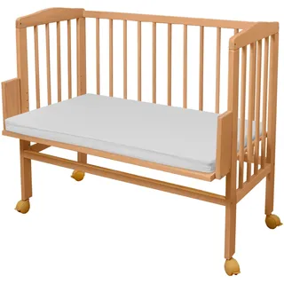 waldin Beistellbett mit Matratze, höhen-verstellbar, Holz Natur unbehandelt,Große Liegefläche 90x55cm