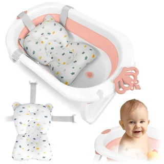 Ricokids Baby Badewanne Babywanne mit Badekissen - Faltbar Leicht Rutschfest - Weiß Rosa