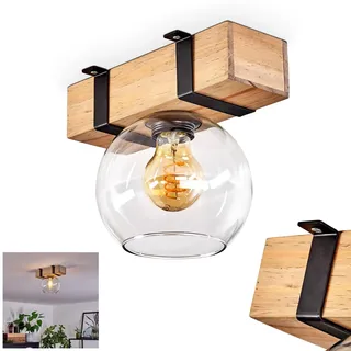 HOFSTEIN Deckenleuchte Montgomery, Deckenlampe aus Holz/Metall/Glas in Natur/Schwarz/Klar, moderne Leuchte im skandinavischen/Boho-Design mit Holzbalken, E27, Schlafzimmer, Wohnzimmer, Esszimmer