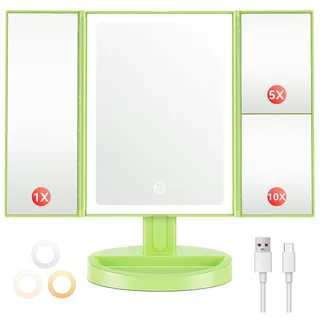 Auxmir Schminkspiegel mit Beleuchtung, 10X/5X/1X Kosmetikspiegel Vergrößerungsspiegel mit Licht & 3 Lichtfarben, Faltbar Spiegel mit Beleuchtung und Dimmbar LED Licht, USB Wiederaufladbar, Grün