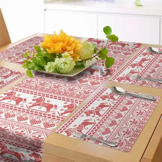 ABAKUHAUS Nordisch Tischläufer & 4 Stück Tischsets, Skandinavisches Muster aus Pferdeherzen und norwegischen Motiven Winterzeit, Set für die Tischdekoration, 180 cm x 40 cm, Zinnoberrot Weiß